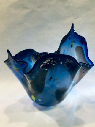 Distinctive Hand - Blown Blue & Gold Leaf Fluted Art - Glass Bowl By Colleen Ott