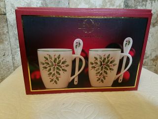 Lenox Holiday Cocoa Mugs With Spoons - Set Of Two Tea Coffee Cups
