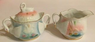 Vintage Porcelain Occupied Japan Swan Covered Sugar Bowl And Creamer