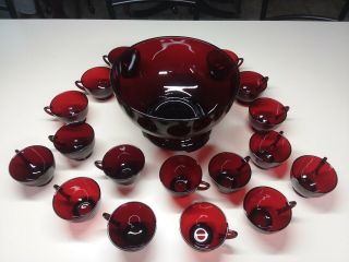 19 Piece Anchor Hocking Ruby Red Punch Bowl With Stand & 17 Cups Set