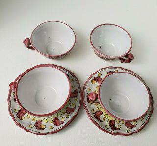 Vintage Italian Hand Painted Pottery Set Of Two Cups And Saucers 2 Extra Cups