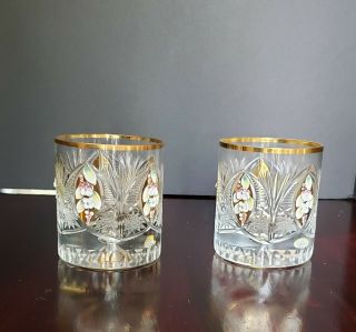 Bohemia Lead Crystal Whiskey Rocks Glasses With Enamel Floral Details Gold Trim