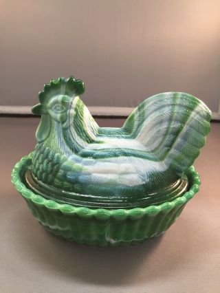 Vintage Westmoreland Hen On Nest - - Green And White Slag Glass - - 5 Inch
