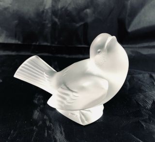 Vintage Lalique France Frosted Crystal Glass Bird Sparrow Head Up Figurine