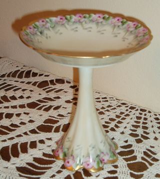 Vintage Hand Painted Compote Roses Gold Trim Elegant Footed Dish