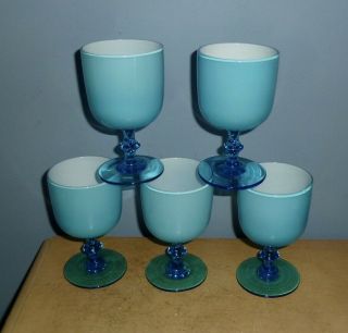 (5) Vintage Carlo Moretti Blue & White Cased Glass Port Wine Goblets,  4 3/4 "