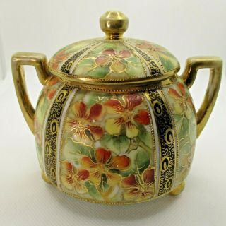 Vintage Hand Painted Nippon Footed Sugar Bowl With Lid Moriage Gold Floral