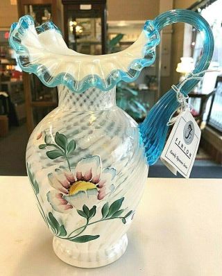Vintage Fenton Glass Hand Painted White Pitcher 9 " Frank Bill Signatures W Tag