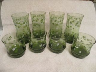 Vintage " Set Of 8 " Green Libbey Strawflower - Crazy Daisy Tumblers/juice Glasses