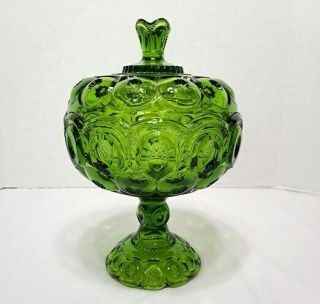 Vintage L E Smith Glass Moon & Stars Green 12 " Compote With Lid