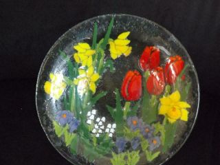 Peggy Karr Floral 13 " Fused Glass Serving Bowl Signed Tulips & Daffodils
