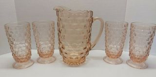Vintage Fostoria Pink American Whitehall Pitcher And 4 Footed Glasses - Heavy Set