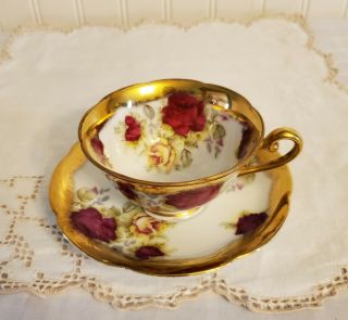 Vtg Tea Cup & Saucer Lefton Gzl Occupied Japan Yellow & Pink Roses Gold Trim