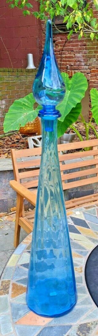 Tall Blue 27.  5 " Mid Century Italian Glass Genie Bottle Italy Empoli
