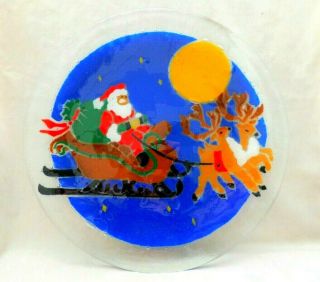 Peggy Karr Fused Art Glass 11 1/2” Round Plate Santa W/reindeer - - Hard To Find