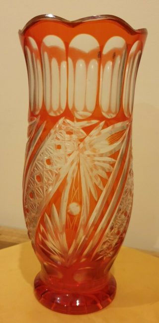 Larger Vintage Bohemian Crystal Orange Colour Vase 28cm Tall 12cm Across Gift