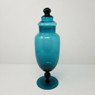 Vintage Large Turquoise Blue Glass Empoli Footed Apothecary Jar Tall Mcm