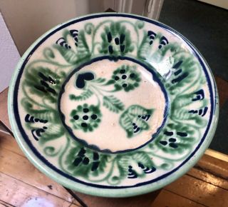 Vintage Hungarian Pottery 9” Bowl Hand Painted Green Blue Floral Folk Art Design