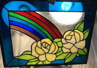 Vintage Leaded Stained Glass Window Rainbow And Yellow Roses