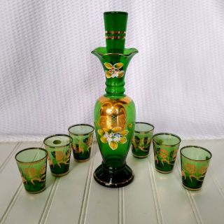 Czech Glass Decanter Set Emerald Green & Gold With 6 Cordial Glasses Bohemian