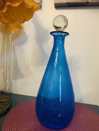 Vintage Blue Crackle Glass Decanter With Stopper