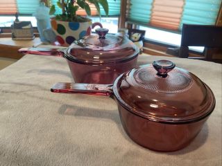 Vision Corning Ware Cranberry 1.  5l & 1l Sauce Pan Pots W/ Pyrex Lids 4 Pc Set