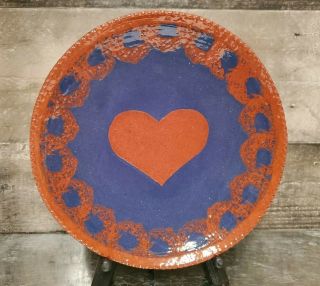 Signed Ned Foltz Pottery Redware Heart Design Plate,  1987,  7 - 1/2 "