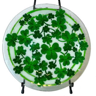 Peggy Karr Fused Art Glass 11 1/2” Shamrocks Signed Platter St.  Patrick’s Day
