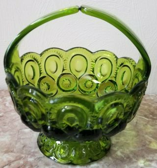 Split Handle Basket - Moon & Star Pattern - Green Glass - Le Smith Glass Usa