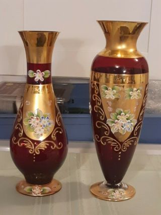 2 Bohemian Czech Seyei,  Victorian Ruby Red,  Gold Gilded Hand Painted Vase Flower