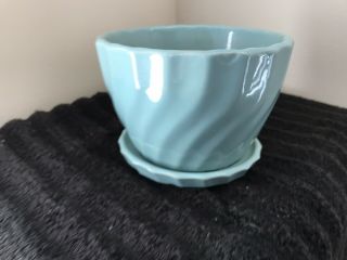 Vintage Aqua Flower Pot With A Swirl Pattern,  Unmarked