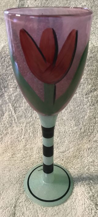 Kosta Boda Crystal Hand Painted 10” Stem Glass Ulrica Hydman Vallien Pink Tulip