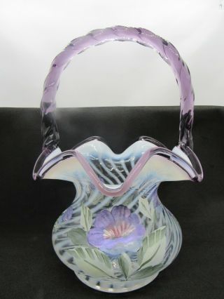 Fenton Art Glass Opalescent Purple Crest Handle Swirl Optic Basket Signed