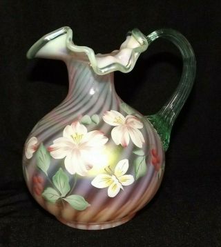 Fenton Spiral Optic Lime Green Crested Hand Decorated Artist Signed Pitcher