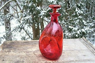 Vintage Blenko Pinch Bottle Decanter Red/amberina Crackle Glass With Stopper