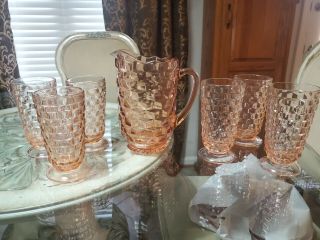 Vintage Fostoria Pink American Whitehall Pitcher And 6 Footed Glasses - Heavy Set