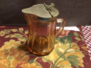 Pink Depression Glass Syrup Pitcher With Metal Top 4.  5” Tall 3” Across Bottom