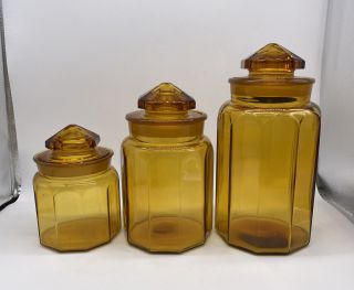 Vintage Le Smith Amber Glass Paneled Canister Set Of 3