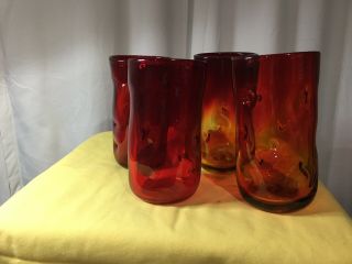 Vintage Blenko Bischoff Pinched Dimple Amberina Glass Tumblers (4)