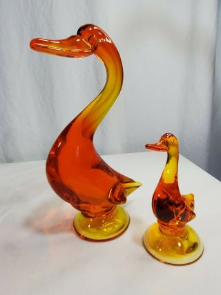 Vintage Viking Glass Large Heavy 9 Inch Goose/duck Small 5 Inch Duckling Orange