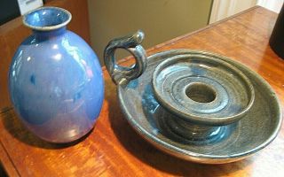 2 Darrell Adams Candle Holder & Vase Pottery Wj Gordy Grandson Georgia Art