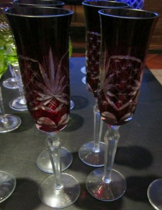 Vintage Ruby Red Cut To Clear Bohemian Crystal Wine/ Champagne Glasses Set Of 4