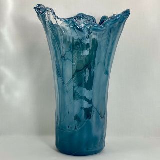 Art Glass Vase Lavorazione Technique In The Style Of Murano Blue Ruffled Edge