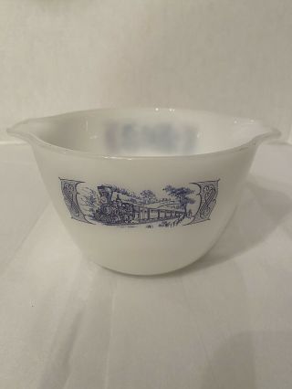 Vintage Currier And Ives Milk Glass Blue Train Railroad Locomotive Mixing Bowl
