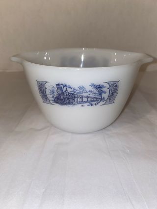 Vintage Currier and Ives Milk Glass Blue Train Railroad Locomotive Mixing Bowl 2
