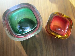 2 Vintage Murano Sommerso Geode Glass Bowls 1960s Pink Green Red Orange Italian