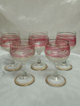 Bohemian Mid Centry Czech Crystal Etched Wine Glass Red With Gold Rim Set Of 5