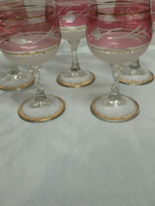 Bohemian Mid Centry Czech Crystal Etched Wine Glass Red with Gold Rim set of 5 3