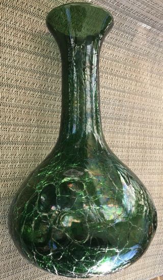 Blenko Dark Green Crackle Vase With Sticker