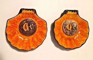 2 Treasure Craft Ceramic Florida Ashtrays Fish Swanky Souvenir Orange Tiki Usa